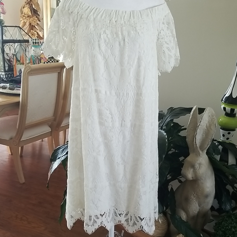 Skies Are Blue White Off-Shoulder Lace Dress